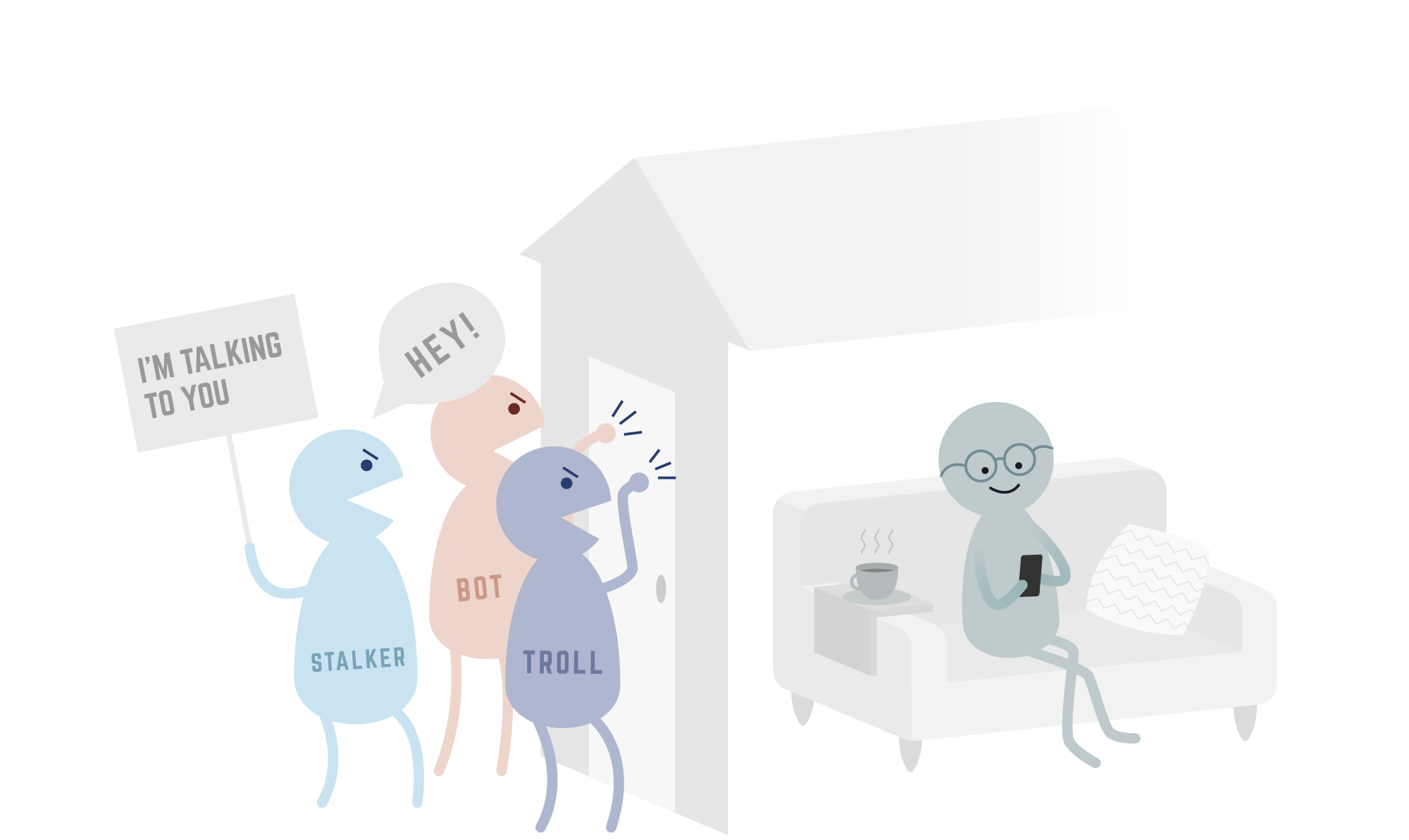 A comic-type graphic showing a happy Block Party user in a secure house, while angry stalkers and trolls knock on the door