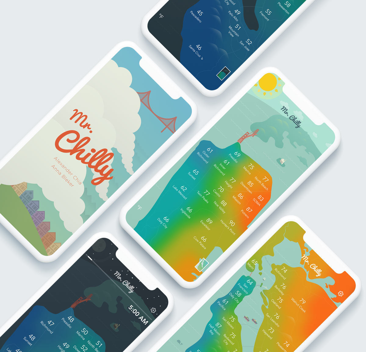 A bunch of the colorful Mr. Chilly app screens