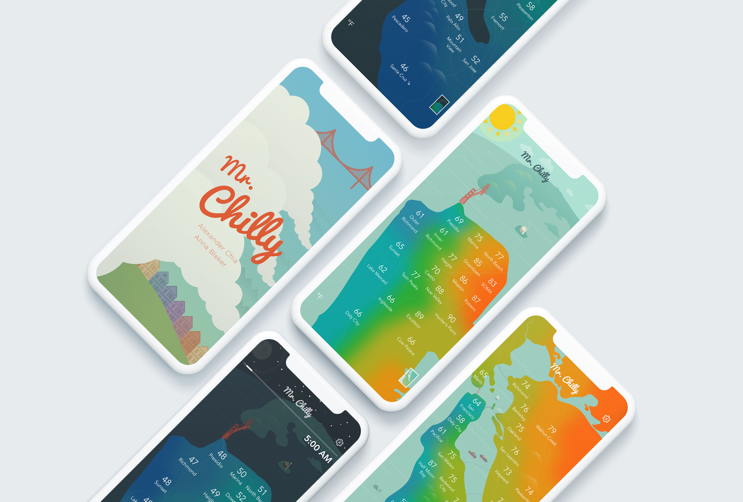 A bunch of the colorful Mr. Chilly app screens