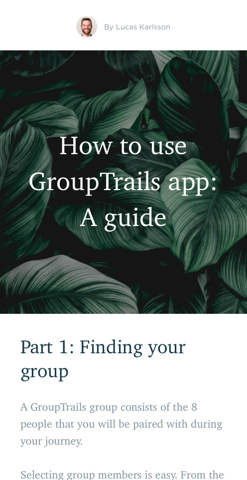 A screenshot of a Talium page on mobile: 'How to use GroupTrails app: a guide'