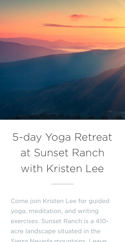 A screenshot of a Talium page on mobile: '5-day Yoga Retreat at Sunset Ranch'