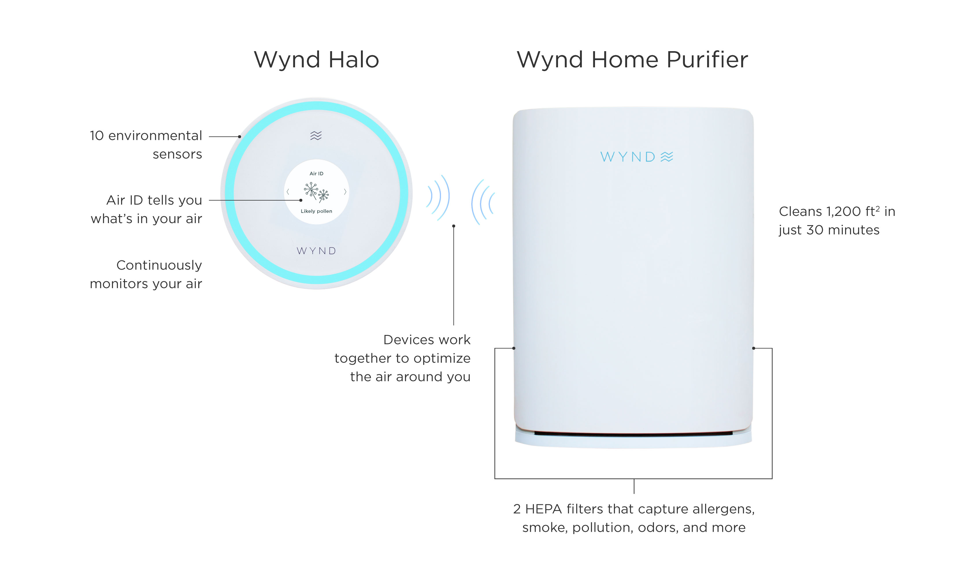 Graphic showing the technical features of the Wynd Halo and the Wynd Home Purifier