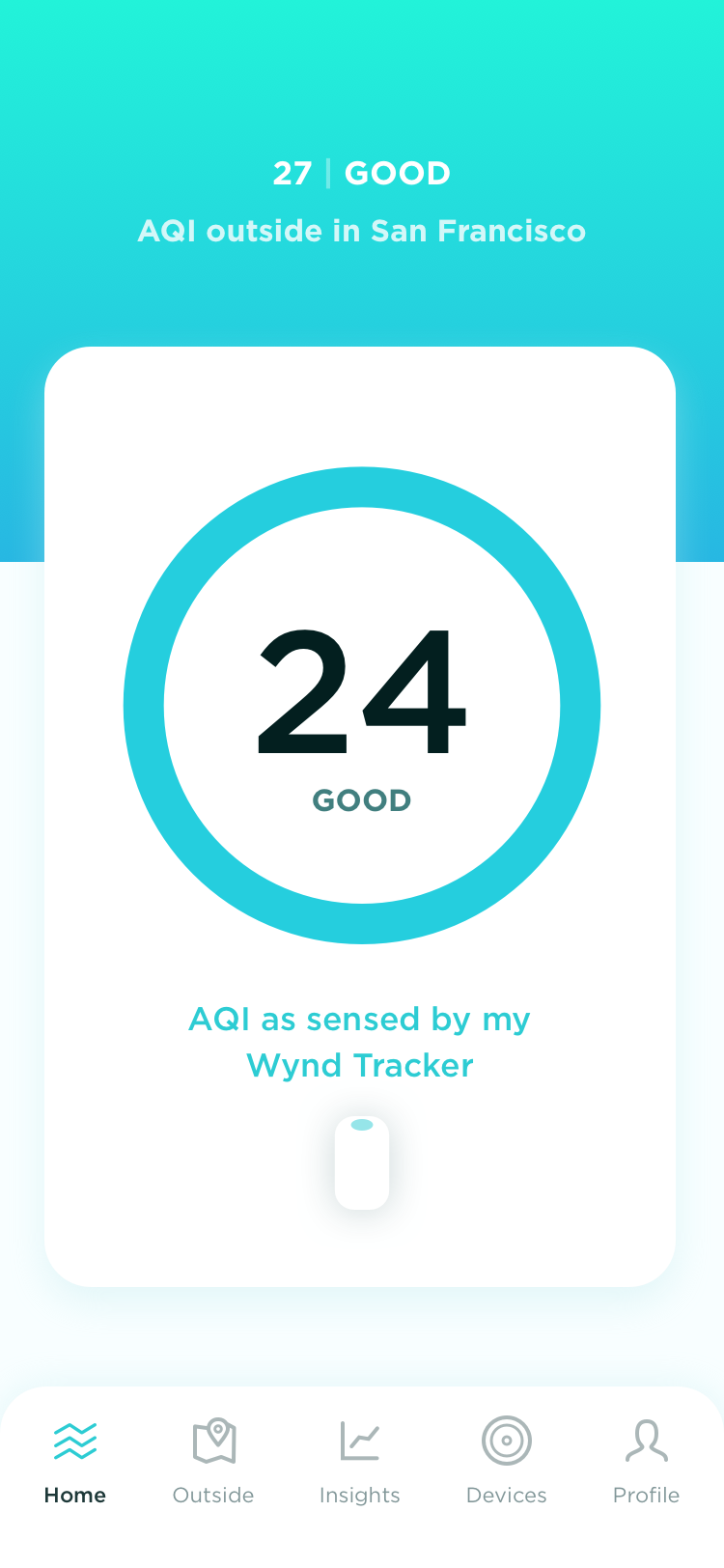 The Wynd app homepage, showing the air quality inside and outside